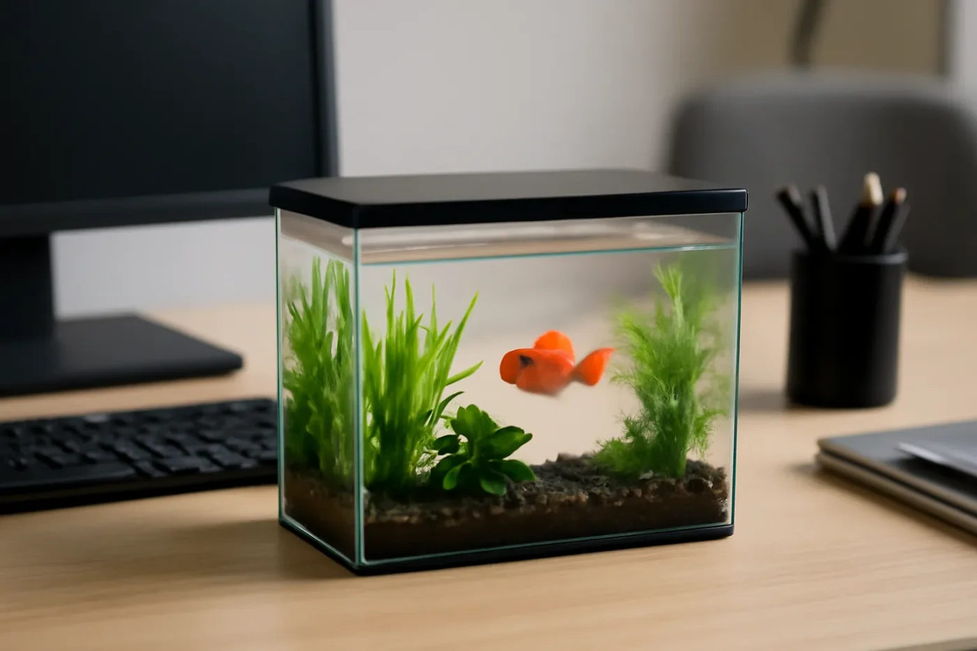 bể cá cảnh mini đặt trên bàn làm việc