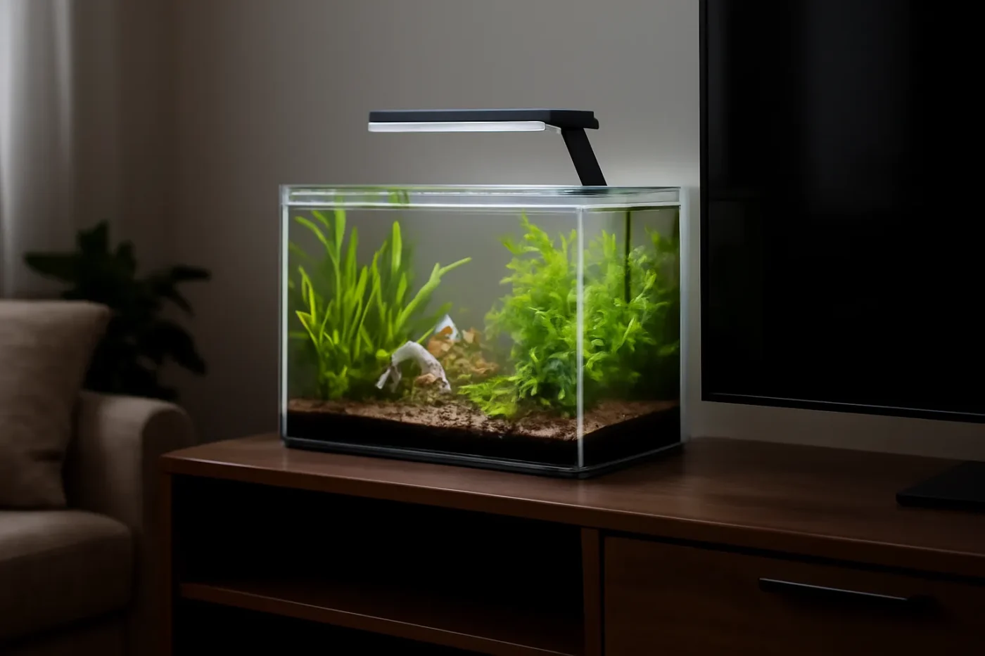 bể cá mini chữ nhật đặt trên kệ tivi phòng khách
