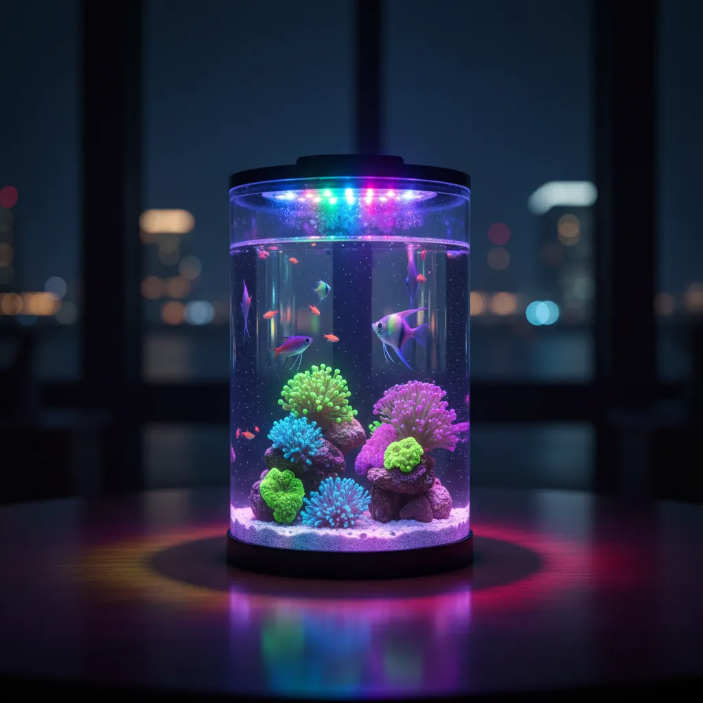 bể cá mini hình trụ có đèn led đổi màu